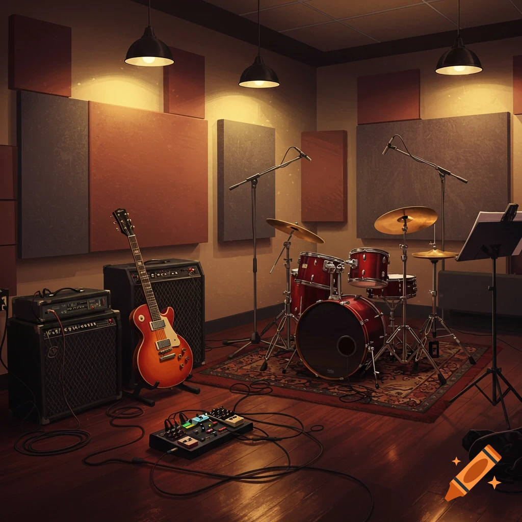 An electric guitar, a drum set, amplifiers, and a pedalboard are set up in a warm-lit music rehearsal studio with acoustic panels.