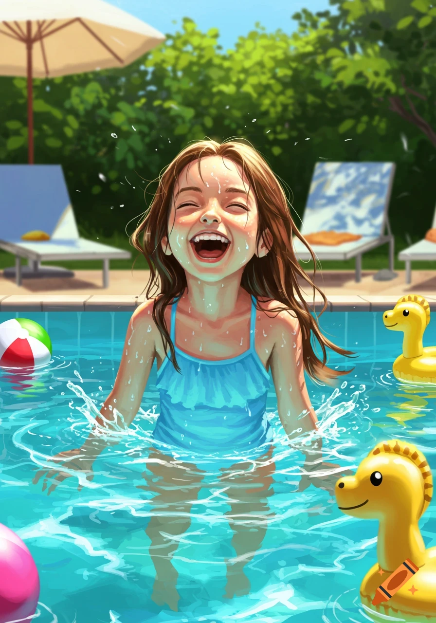 A happy young girl with wet hair laughs while splashing in a swimming pool with inflatable toys and an umbrella in the background.
