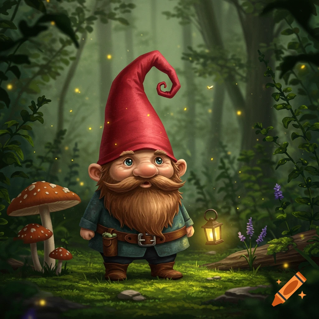 A whimsical, cartoonish gnome with a red hat and long beard stands in a magical forest with glowing fireflies and mushrooms, holding a lantern.