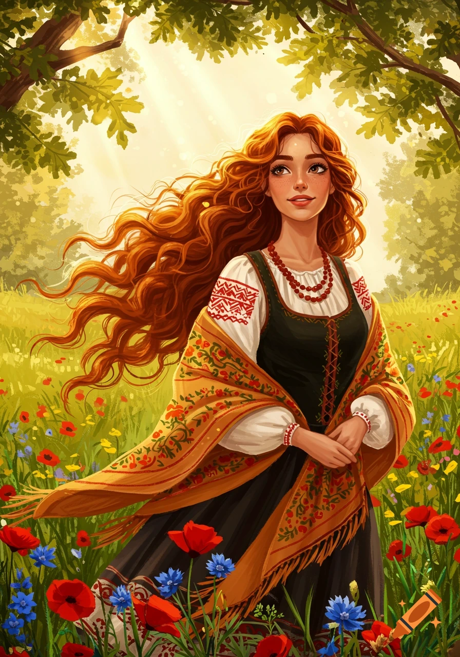 Beautiful woman with long flowing red hair, wearing a traditional embroidered dress and shawl, standing in a sunny meadow filled with colorful wildflowers, folk art illustration.