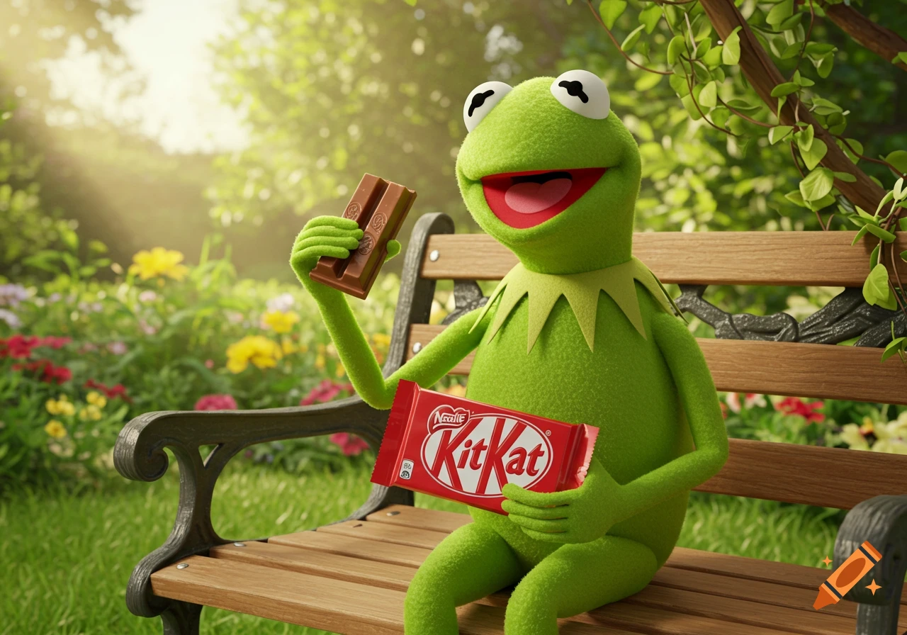 Kermit the Frog happily holding a Kit Kat bar on a park bench in a sunny garden.