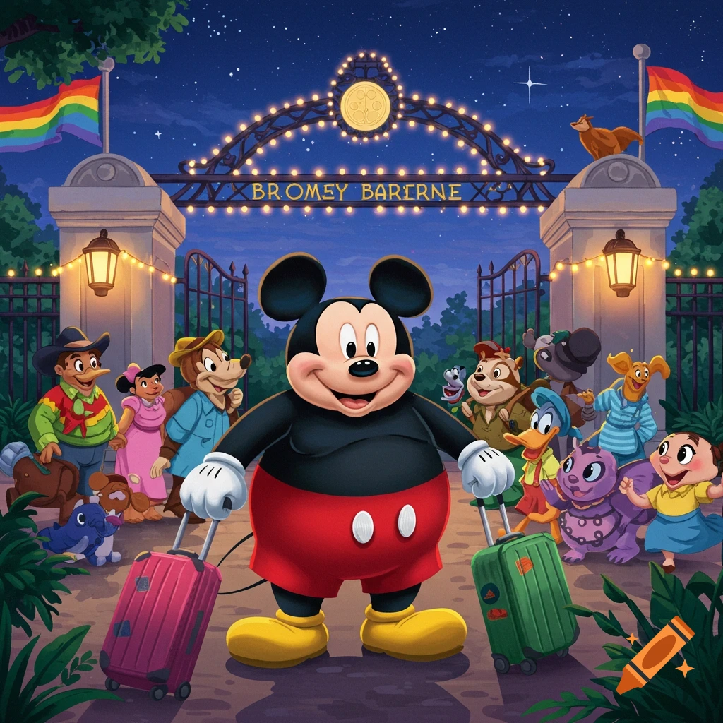 Fat Mickey Mouse with suitcases stands at an ornate gate with a rainbow flag, surrounded by various cartoon animal characters at night.