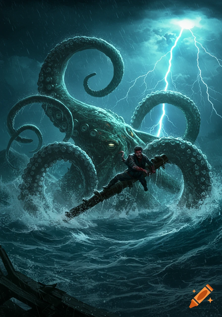 Dramatic illustration of a giant kraken with glowing eyes rising from a stormy sea, attacking a lone sailor during a lightning strike.