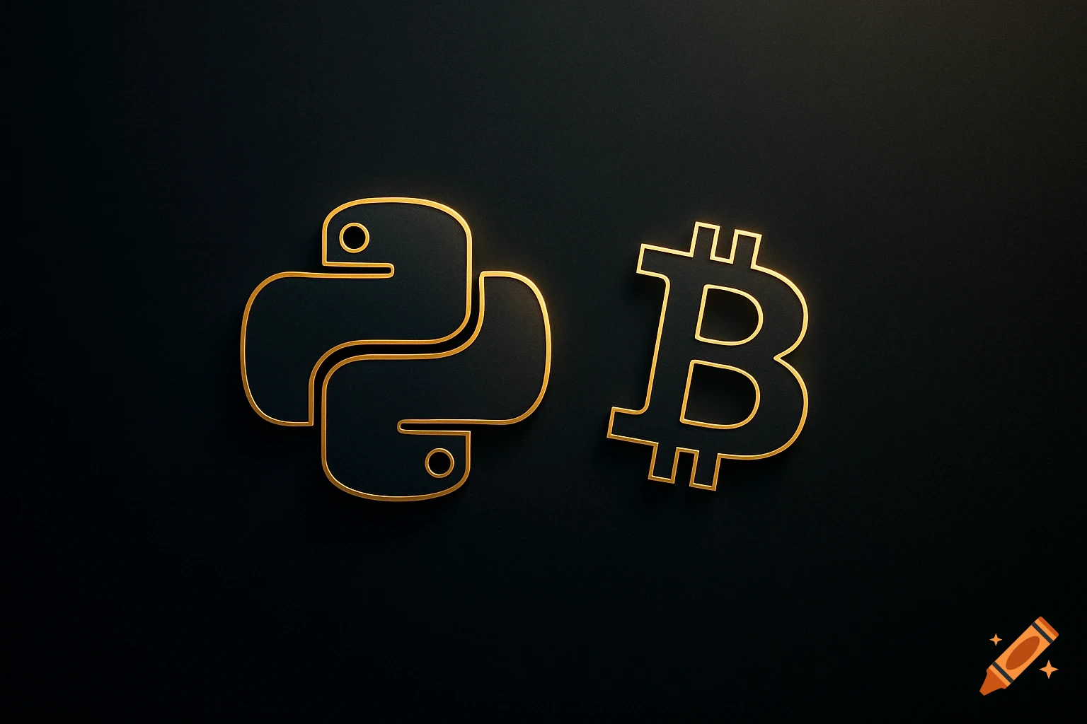 Golden outlined Python language logo and Bitcoin logo on a dark background.
