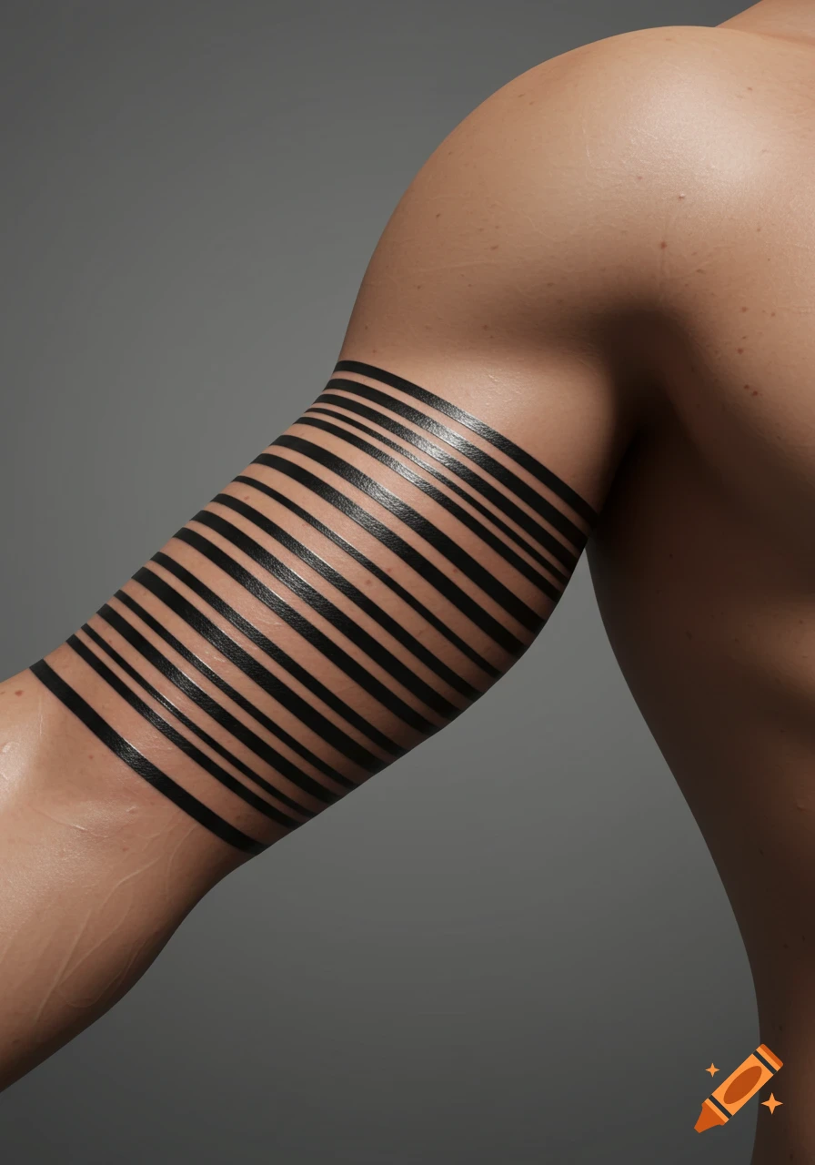 Close-up of a male arm featuring a band tattoo composed of numerous black horizontal lines.