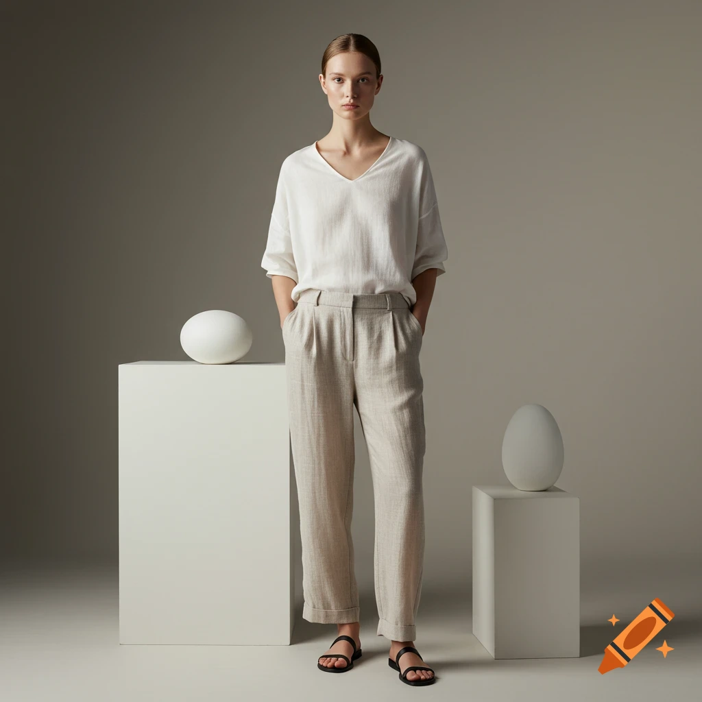 A woman in a white v-neck shirt, beige linen pants, and black sandals stands in a minimalist studio with white blocks.