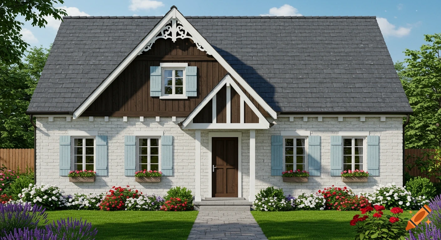 A charming photorealistic cottage-style house with white brick, dark wood siding, blue shutters, flower boxes, and a vibrant garden.