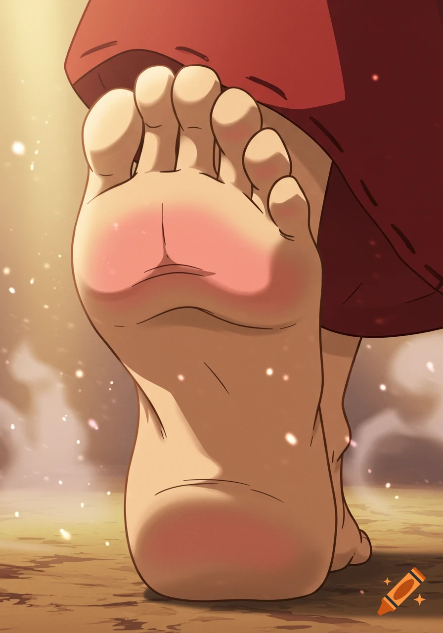 Close-up anime style depiction of the bare sole of a foot, with a reddish hue on the pads, and red fabric above.