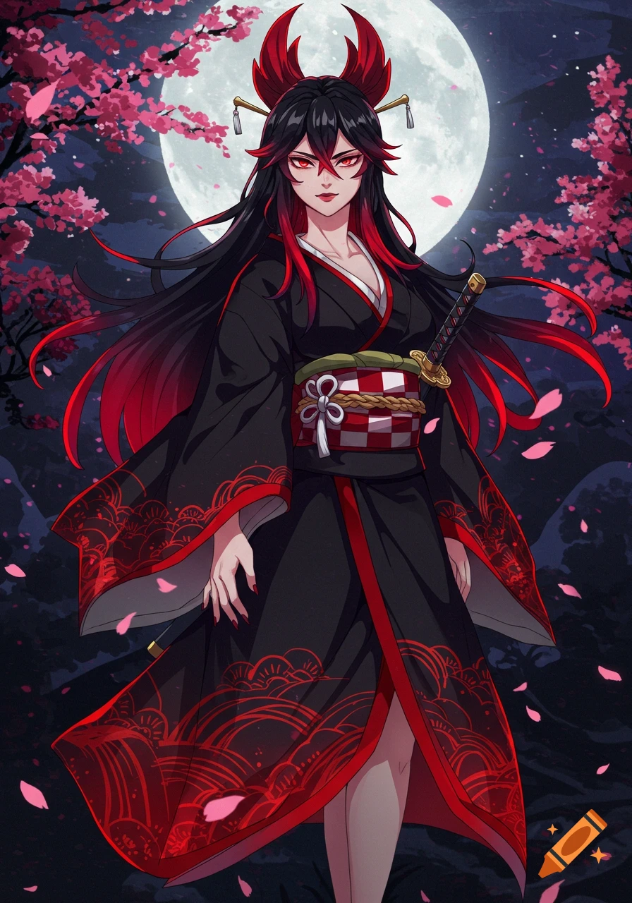 Tall anime female with black and red hair, red eyes, and horns, wearing a black kimono with red patterns under a full moon and cherry blossoms.