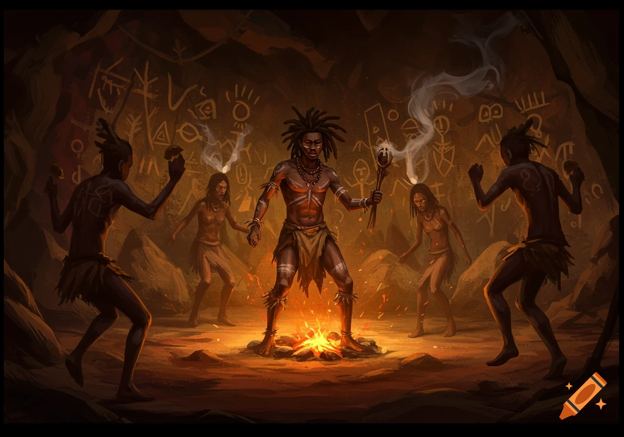 Tribal figures performing a ritual around a fire in a dark cave with symbolic carvings on the walls. One figure holds a staff.