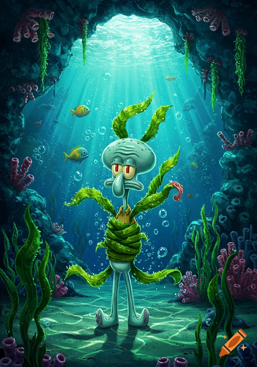 Squidward, wrapped in green seaweed, stands in a vibrant underwater cave with sunlight streaming down and fish swimming around.