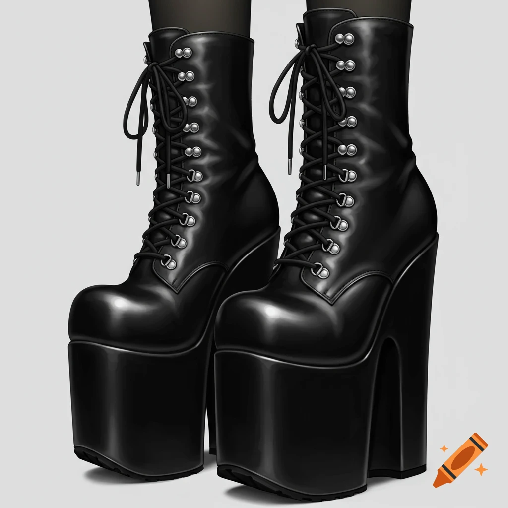 Hyper Rralistic Boot A pair of hyper-detailed black gothic platform boots with silver ...