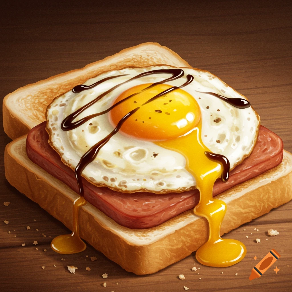A stylized illustration of a fried egg and spam on toasted white bread with a dark sauce drizzle, on a wooden surface.