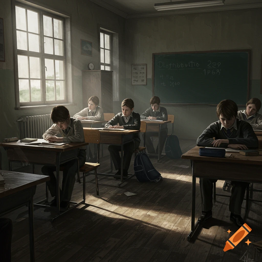 Young boys in uniforms sit at desks in a dimly lit, somber classroom with sunlight through windows. Realistic art style.