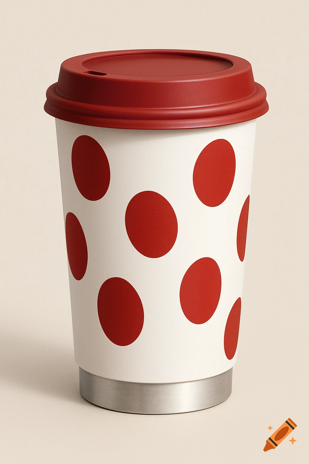 A photorealistic white travel coffee cup with red polka dots and a red lid on a light background.