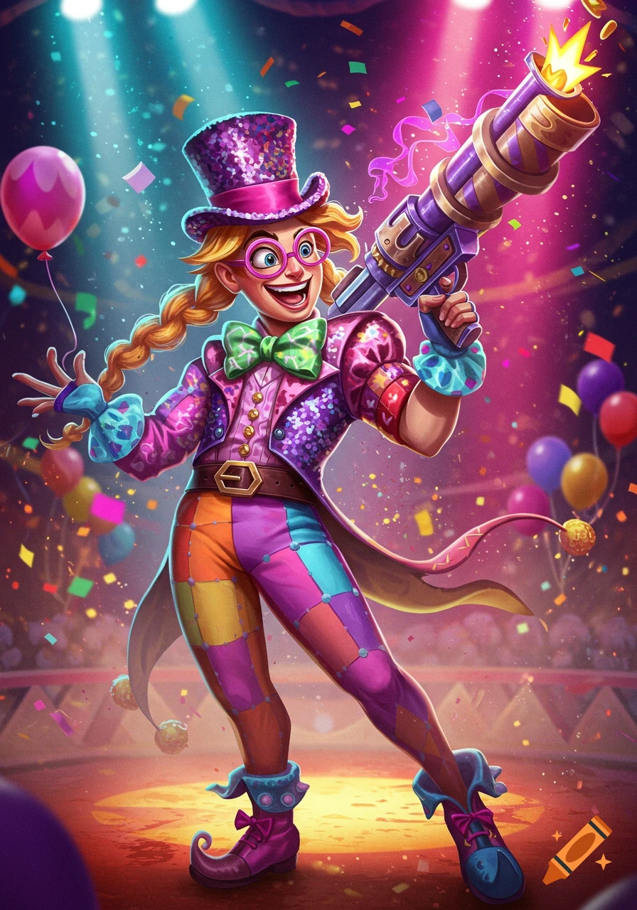 A vibrant cartoon character in a sequined jester outfit, braided pigtails, and big pink glasses smiles while holding a confetti-shooting cannon at a circus party.
