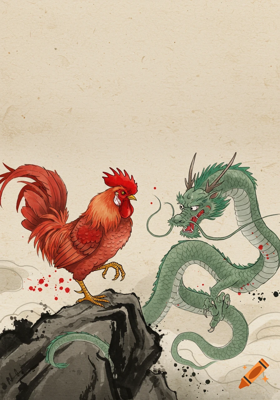 A red rooster on a rock faces a green dragon in Japanese sumi-e style, with artistic ink splatters.