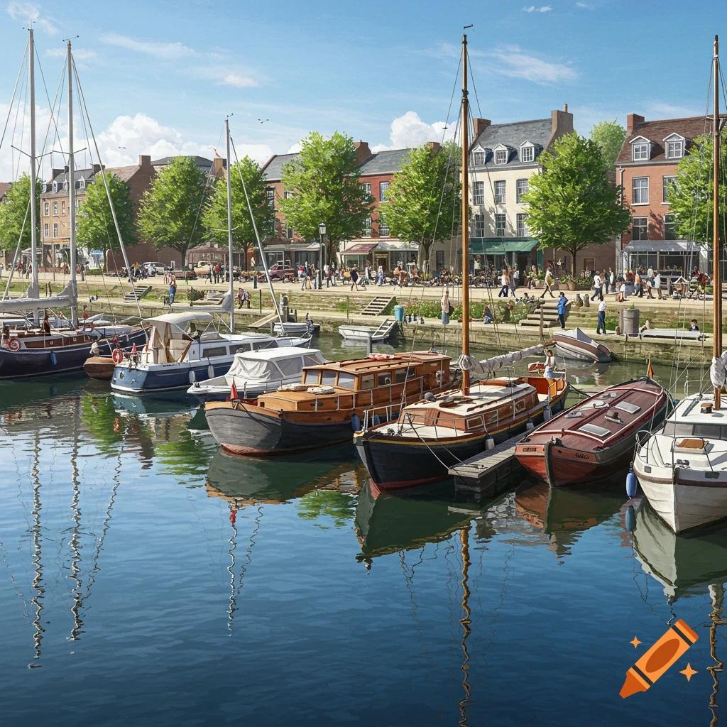 A photorealistic painting of a bustling marina with various boats docked along a river, lined by historic buildings and trees under a clear blue sky. People walk along the promenade.
