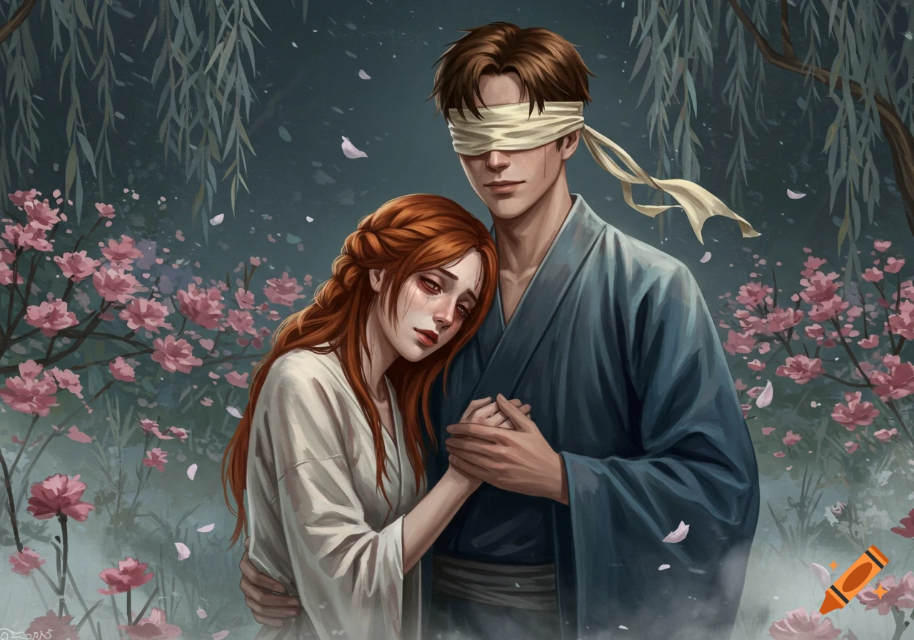 An illustrated scene of a blindfolded man embracing a crying red-haired woman amidst pink cherry blossoms and willow trees.