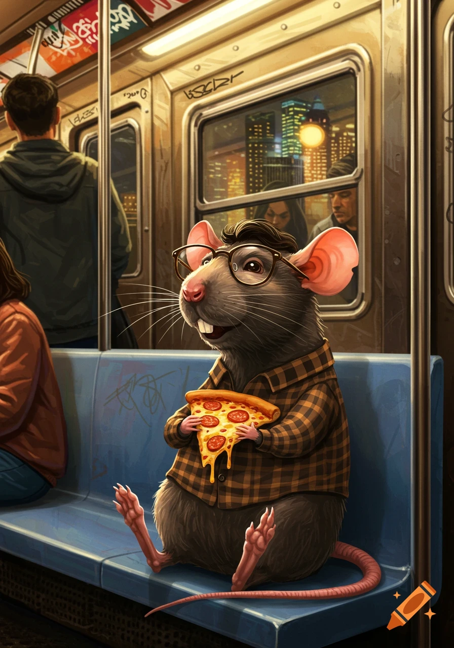 A rat wearing glasses and a plaid shirt sits on a New York City subway, holding a slice of pepperoni pizza.