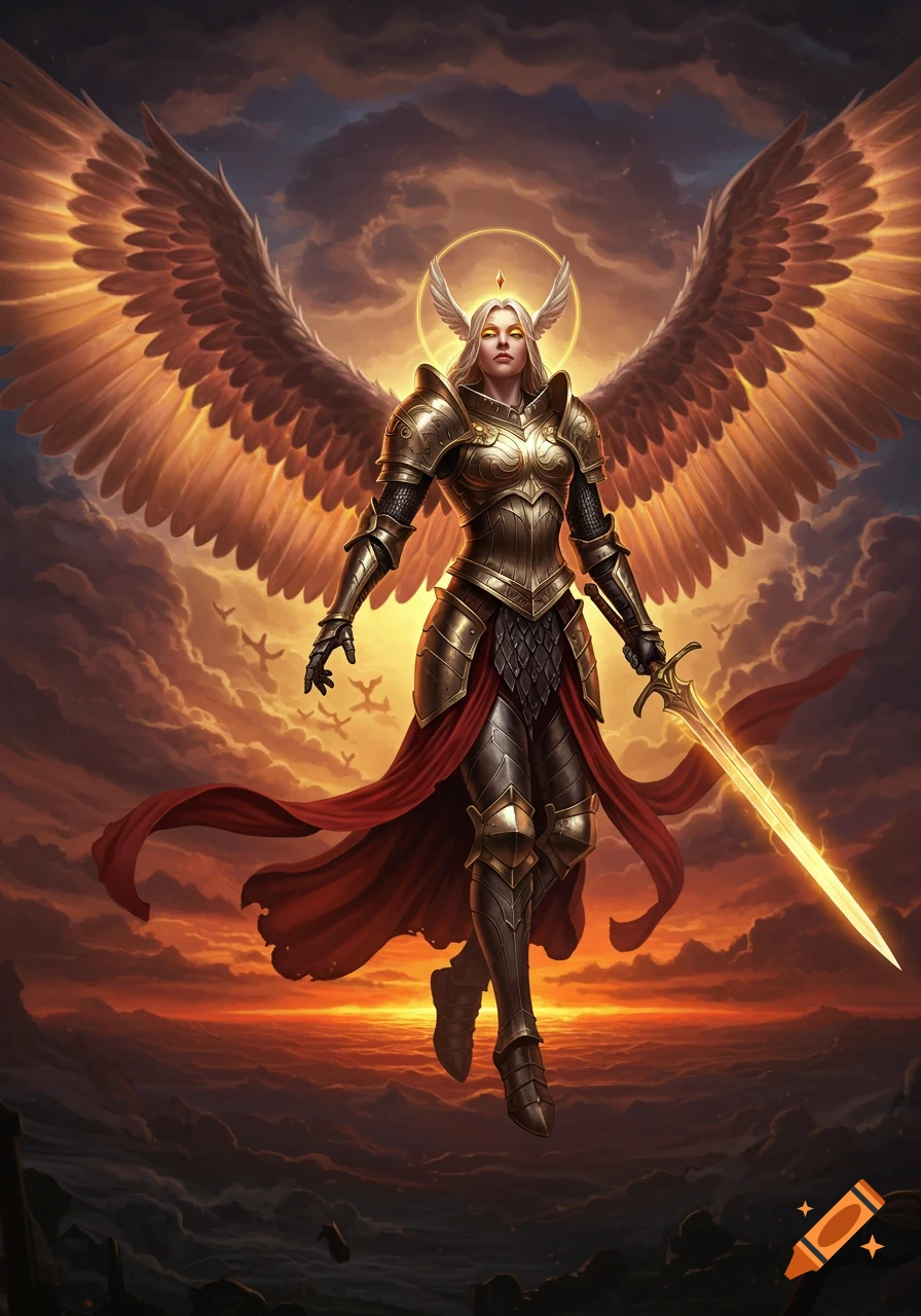 A majestic golden-armored angel warrior with large wings and a glowing sword floats against a sunset sky filled with clouds.