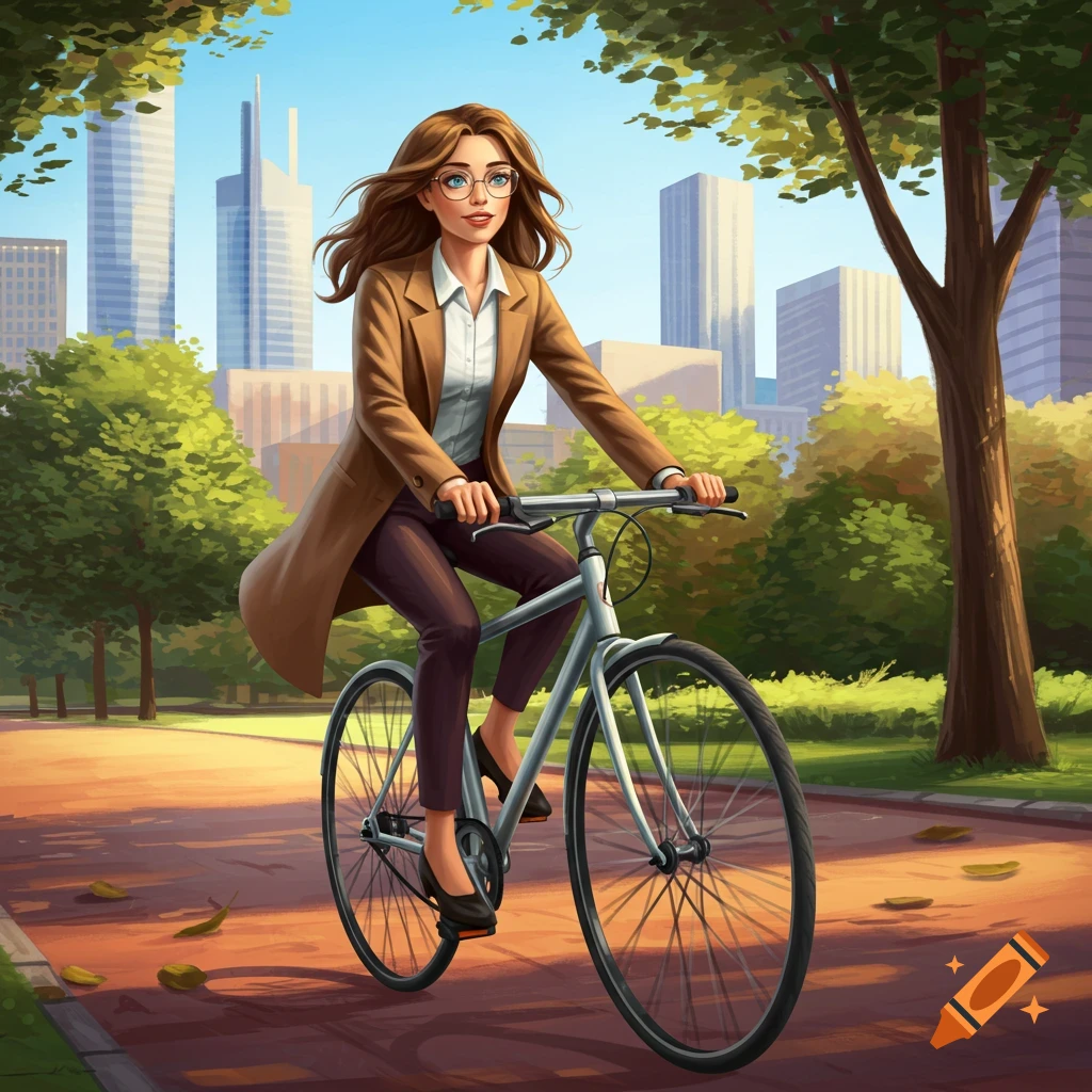An illustration of a woman with brown hair and glasses riding a bicycle through a park with a cityscape in the background.