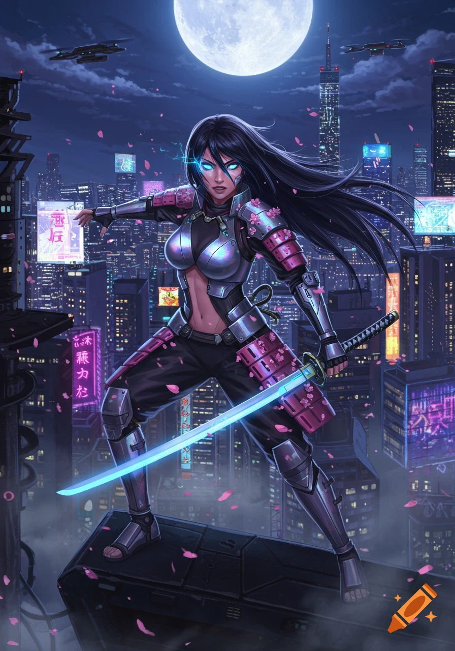 A female cyberpunk warrior with a glowing katana stands on a rooftop overlooking a neon-lit futuristic city under a full moon, with cherry blossoms.