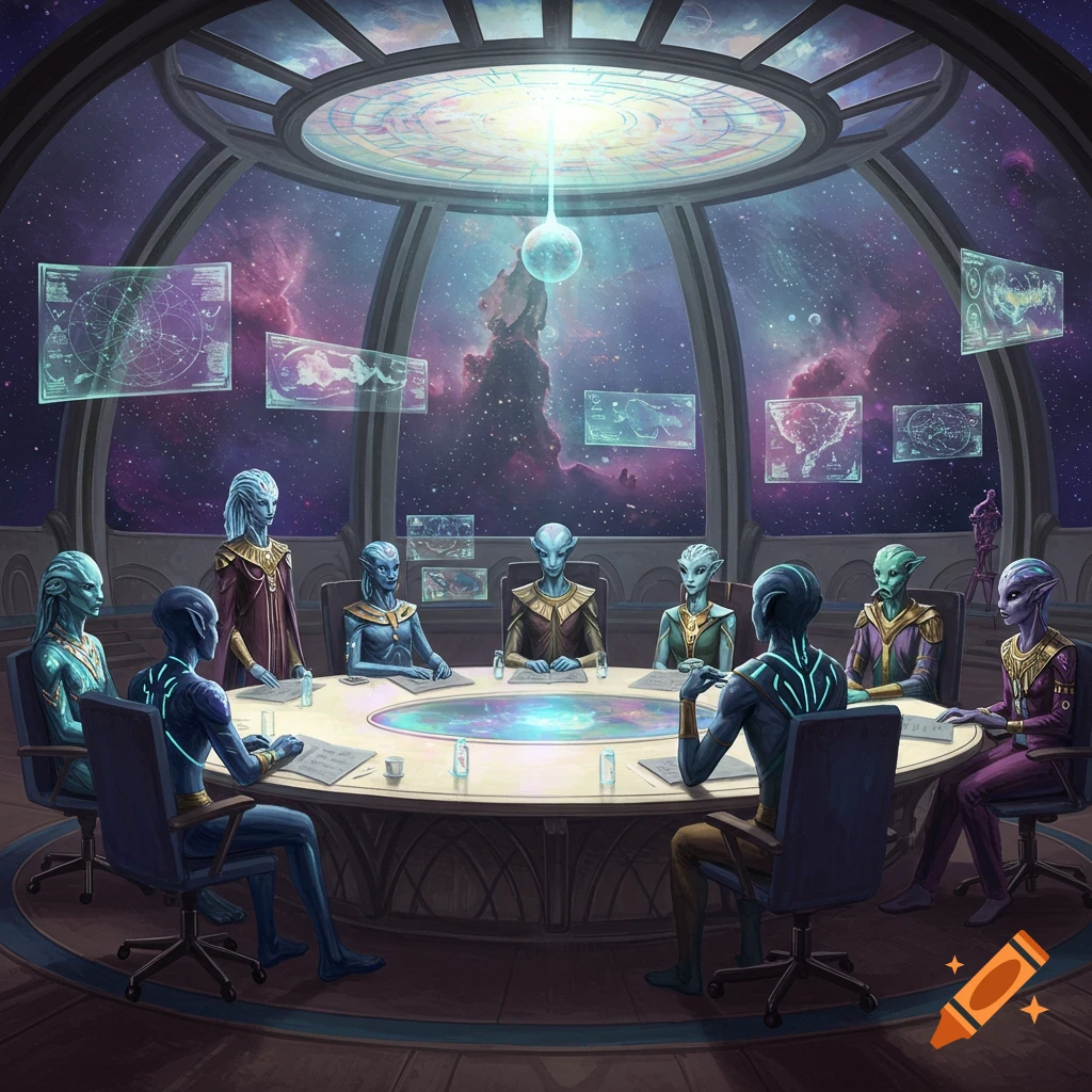 An alien council meeting in a futuristic dome overlooking a galaxy, with multiple holographic screens displaying data.