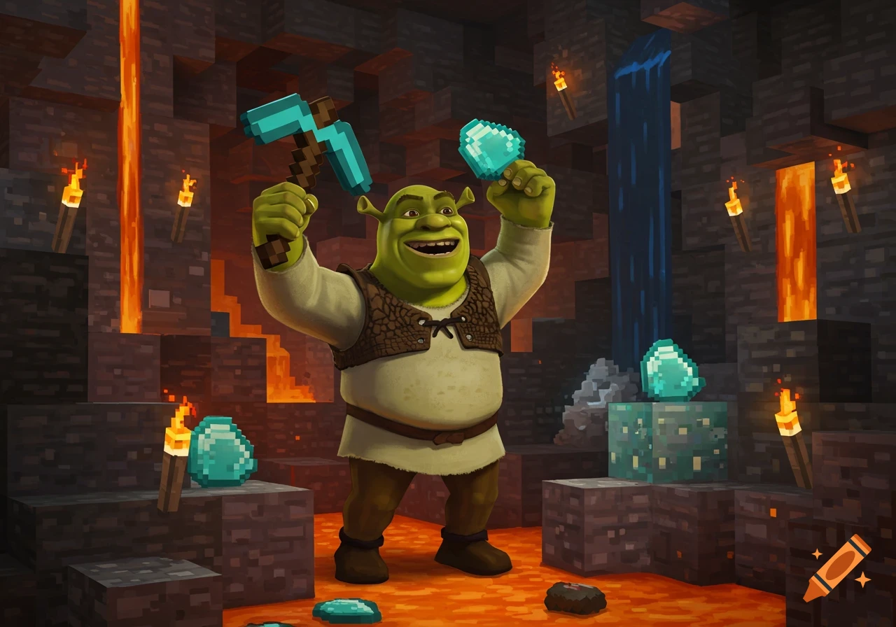 Shrek, holding a diamond pickaxe and a diamond, stands happily in a Minecraft cave with lava, torches, and diamond ore.
