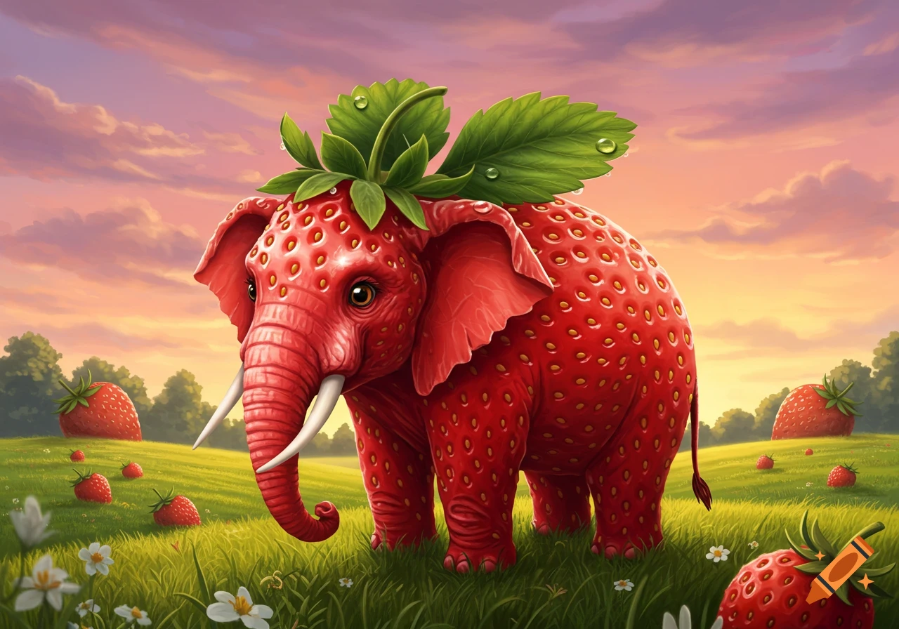 Whimsical strawberry elephant with leaves on its head, in a grassy — free download