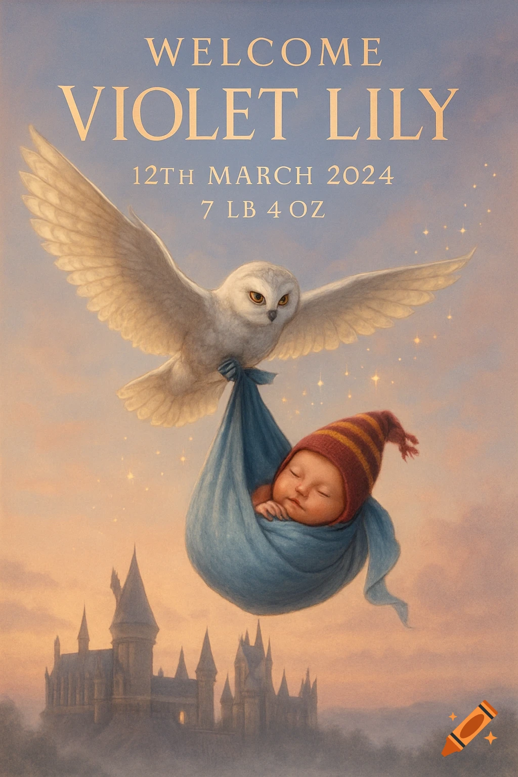 An illustrated snowy owl carries a baby in a blue sling, wearing a striped hat, above a castle. Text: WELCOME VIOLET LILY 12TH MARCH 2024 7 LB 4 OZ.