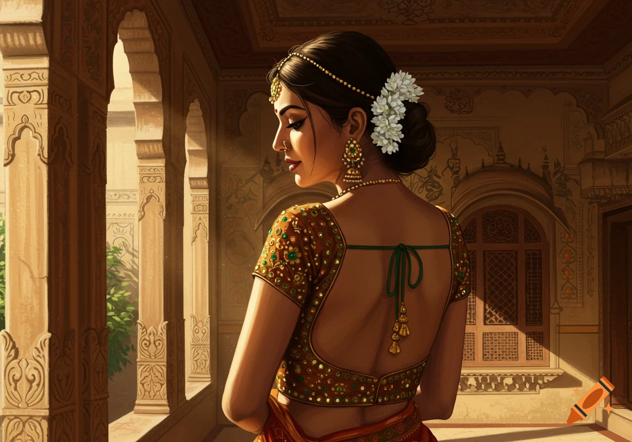 Illustration of a woman in a backless, embroidered blouse and traditional jewelry, with flowers in her hair, standing in a sunlit Indian arched hallway.