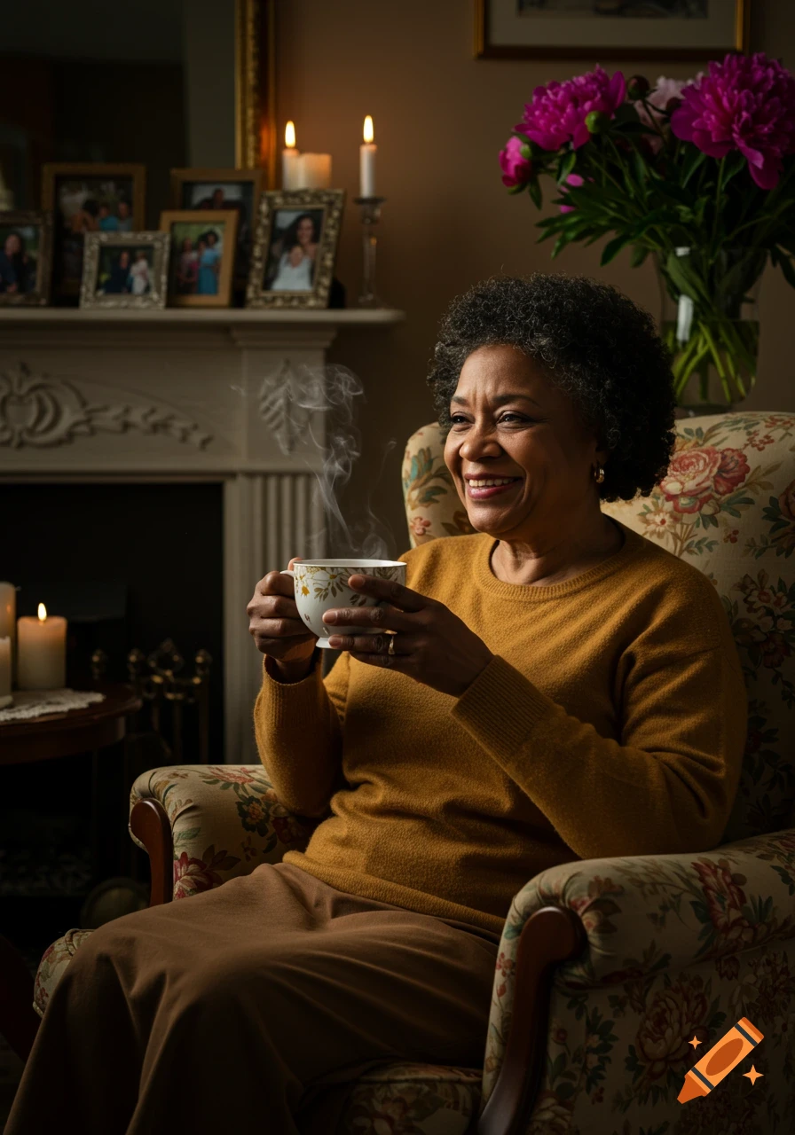 Smiling older Black woman holding a steaming teacup in a cozy armchair in a warm living room.