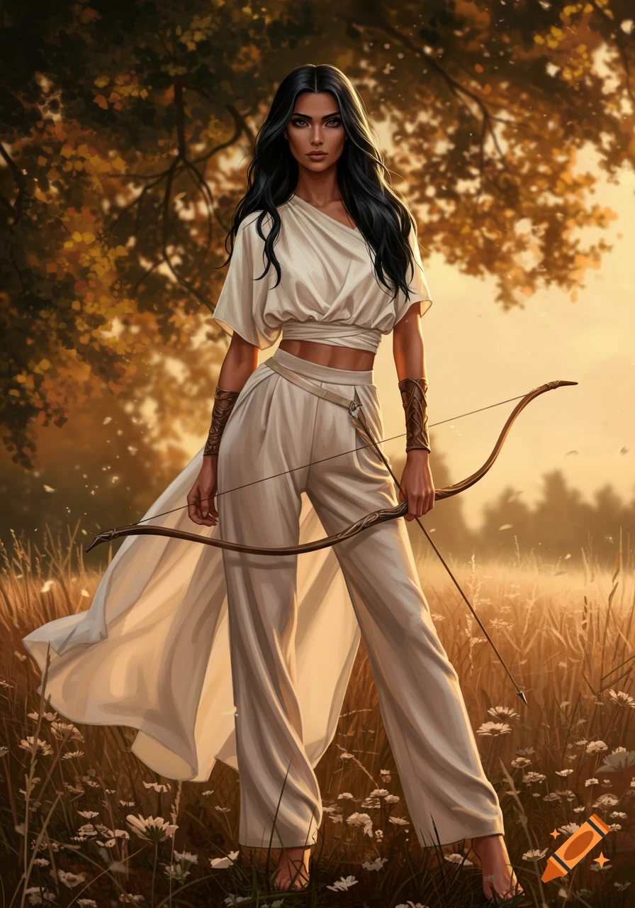 A tall woman with long dark hair in white flowing clothes stands in a golden field at sunset, holding a bow.