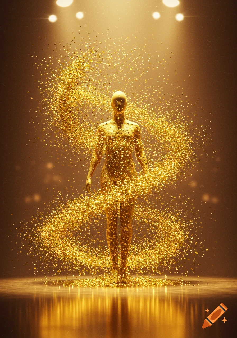 A stylized gold human figure stands amidst a swirl of sparkling gold glitter under spotlights on a reflective surface.