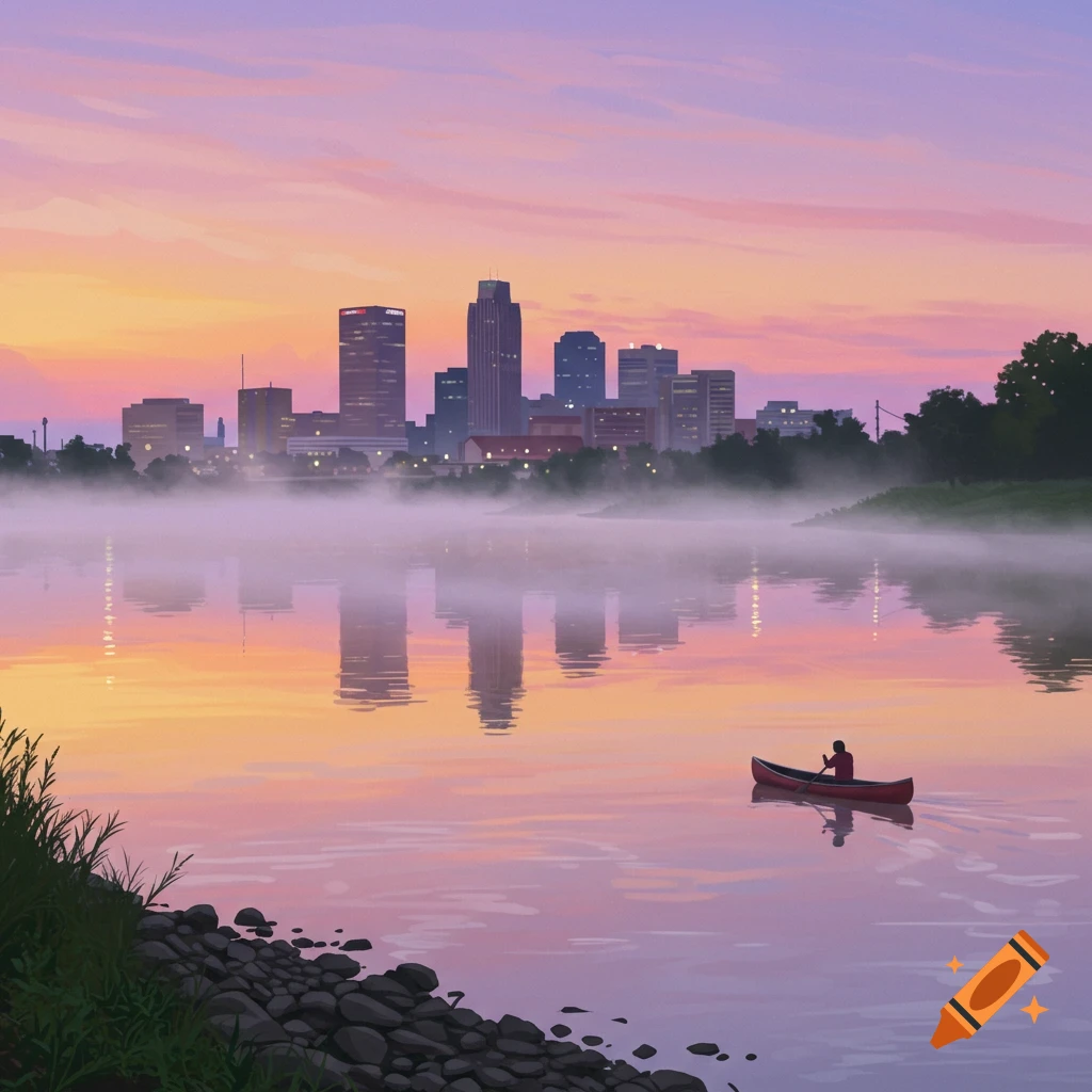 Stylized cityscape at sunrise over a misty river with a person in a red canoe.