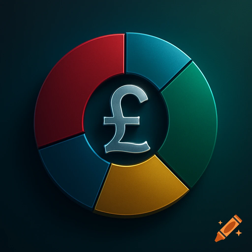 3D pie chart with red, blue, green, and yellow segments, featuring a silver pound sterling symbol in the center.