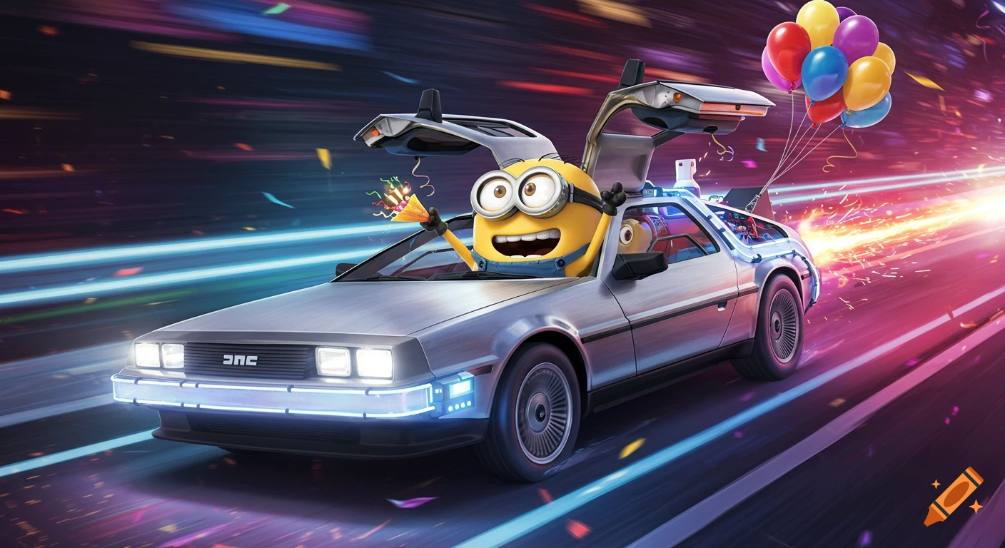 An exuberant Minion drives a silver DeLorean with gull-wing doors open, holding a party popper, with colorful balloons tied to the back, speeding on a vibrant, light-streaked road.