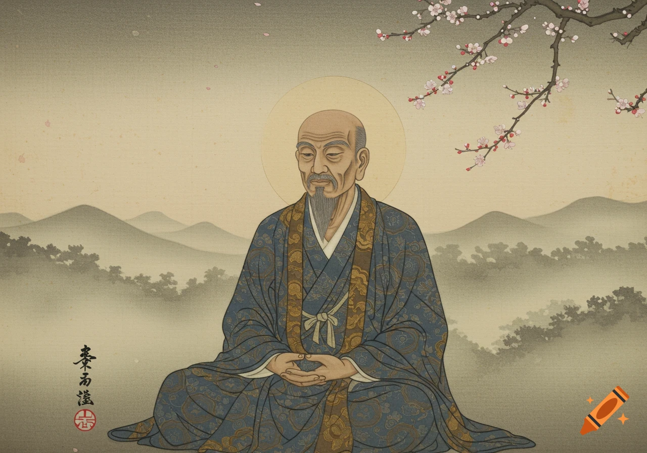 Traditional Japanese painting of a meditating bald old man in a blue patterned robe, under a blossoming plum branch with misty mountains.