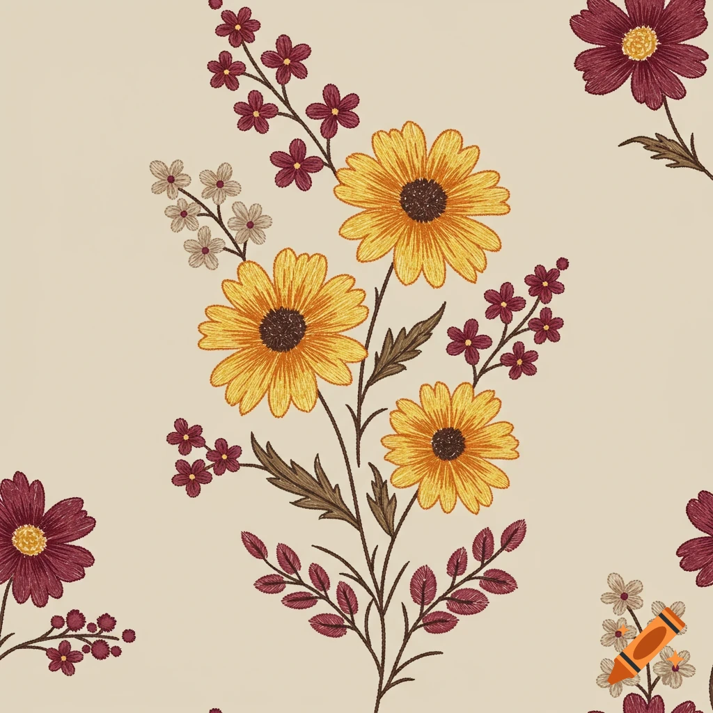 Embroidered floral pattern with yellow, burgundy, and beige flowers and brown stems on a light background.