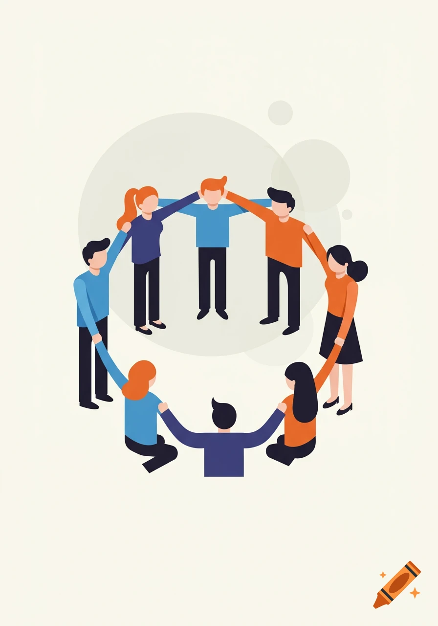 Stylized illustration of diverse people holding hands in a circle, symbolizing teamwork or community.