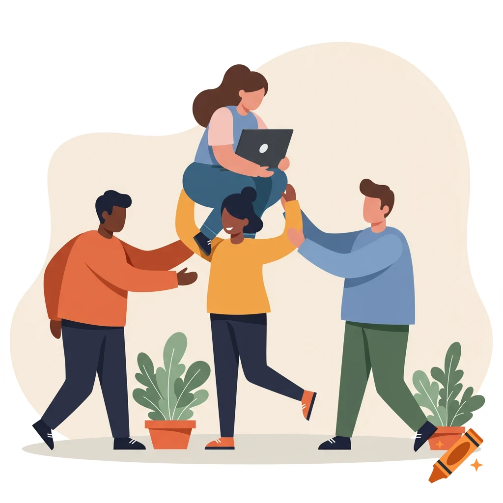 Flat illustration of four diverse people showing teamwork, with one person on shoulders using a laptop.