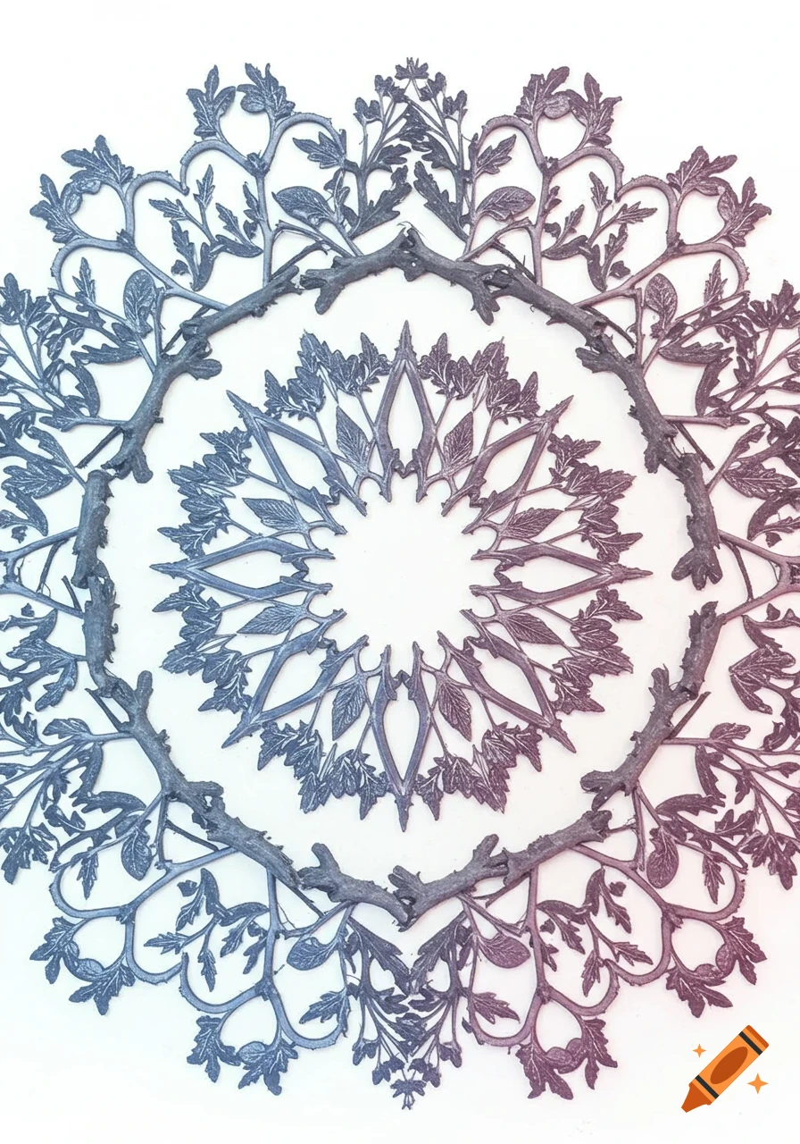 A stylized mandala composed of intricate intertwined branches and leaves, featuring a soft blue to pink gradient on a white background.