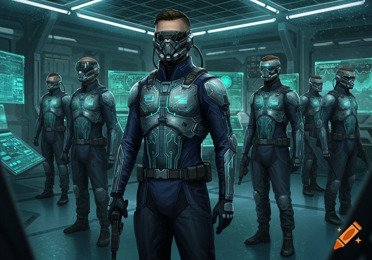 Several men in futuristic blue and silver uniforms with glowing circuit patterns stand in a sci-fi control room with glowing screens.