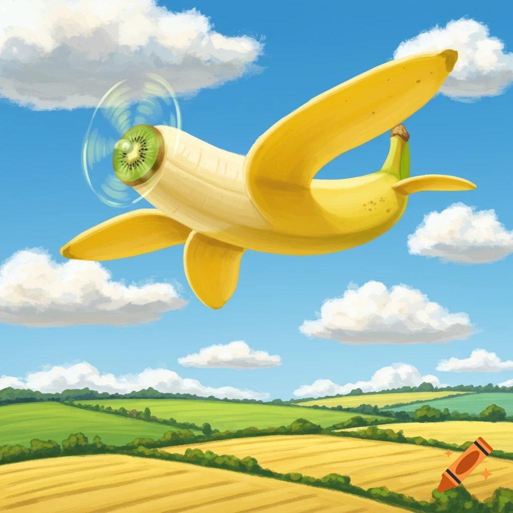 A cartoon banana airplane with a kiwi fruit propeller flying over green and yellow fields under a blue sky with clouds, in an illustrated style.