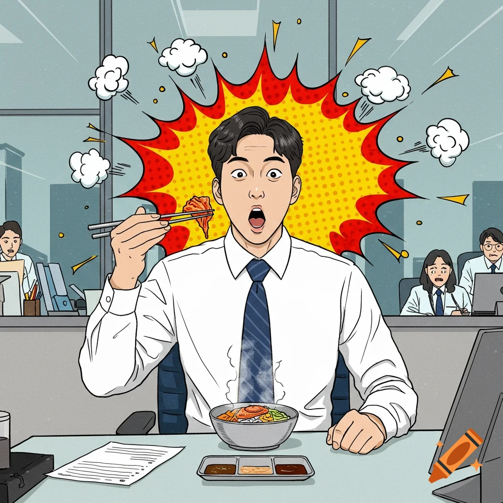 A cartoon office worker with a shocked expression eats lunch, holding kimchi with chopsticks, with a comic explosion effect.
