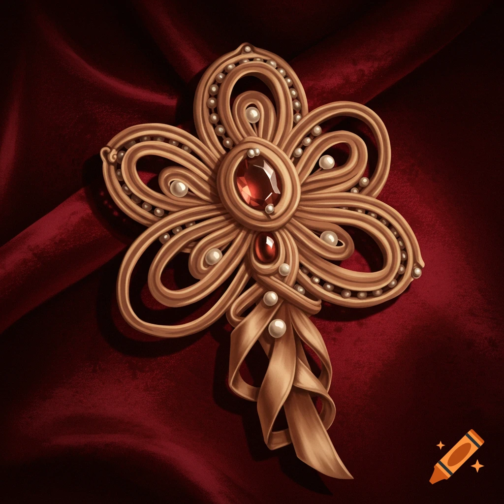 An ornate golden brooch with red gemstones and pearls, designed in a floral or bow-like shape, resting on rich red velvet fabric.