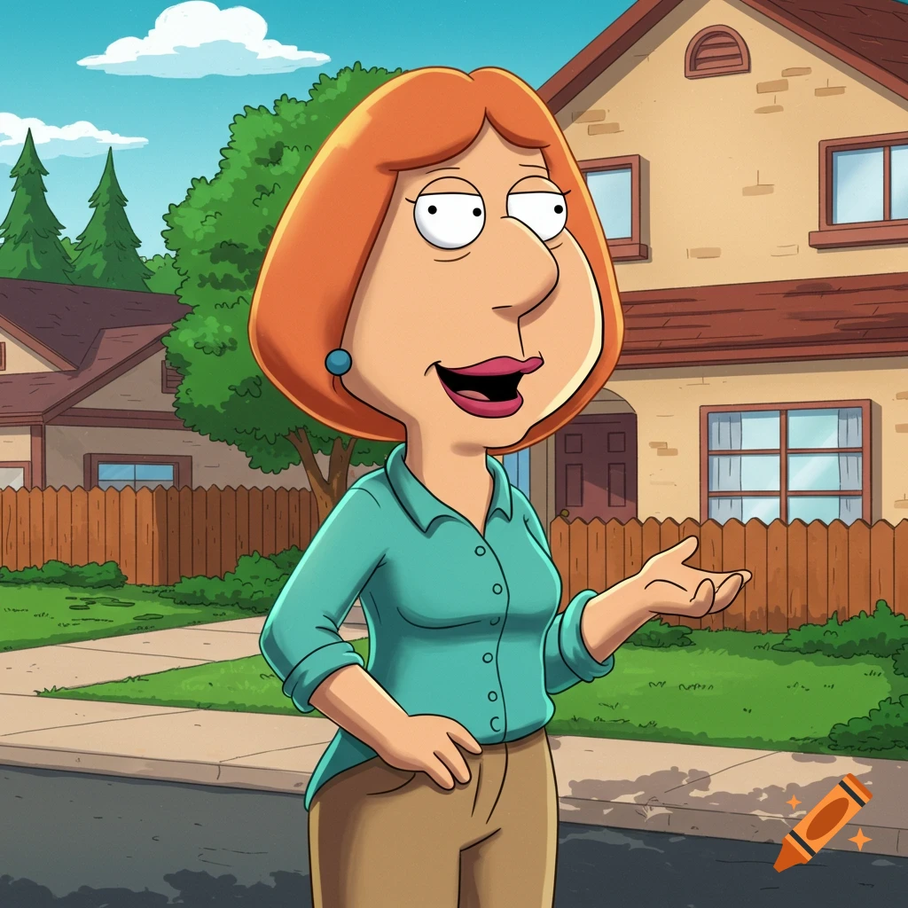 Animated Lois Griffin from Family Guy stands in front of a suburban house, looking sideways and gesturing.