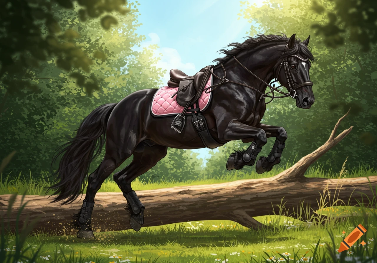 A black horse with a pink saddle pad and black tack jumps over a fallen log in a bright, green forest.