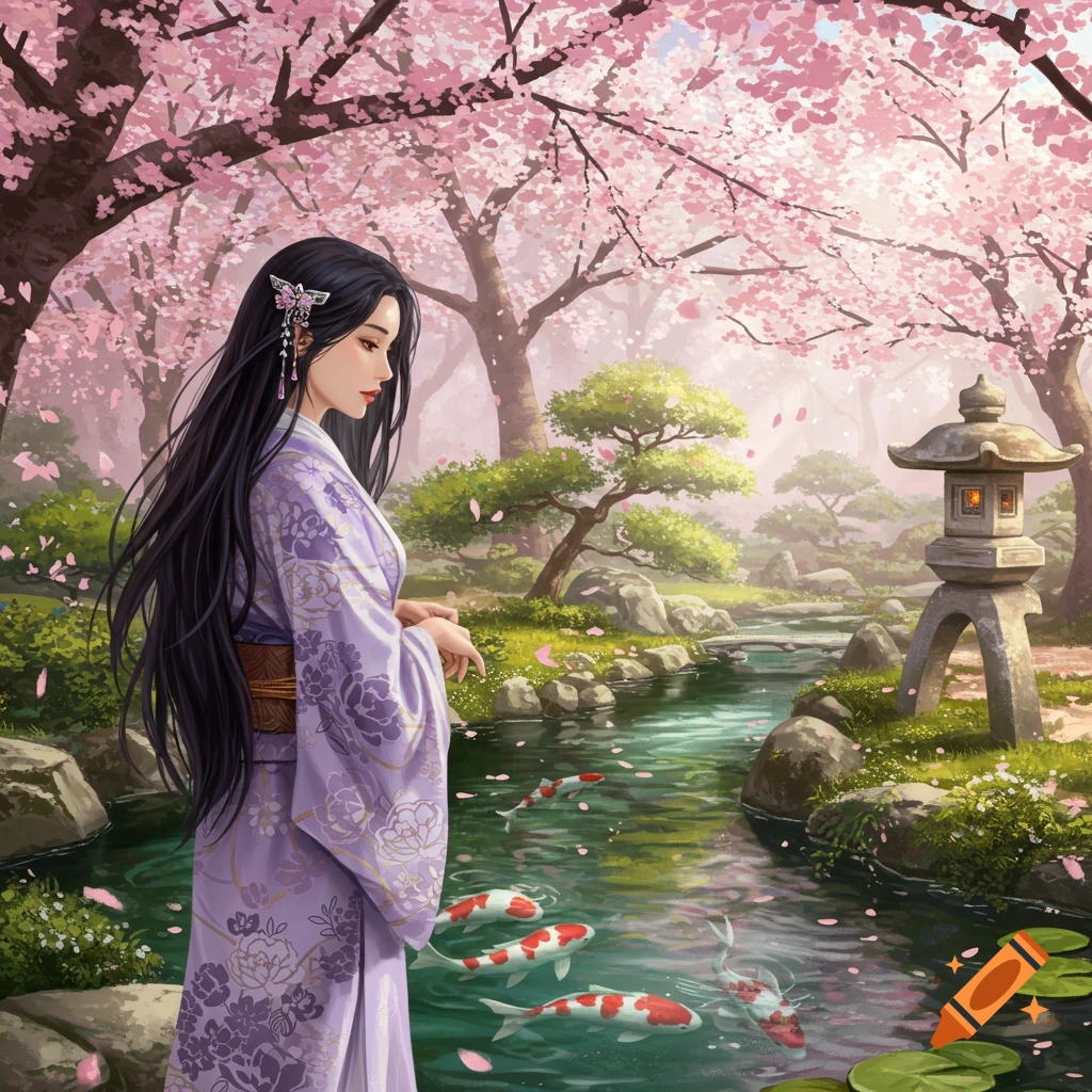 Anime-style woman in a purple kimono standing by a stream with koi fish in a cherry blossom Japanese garden.